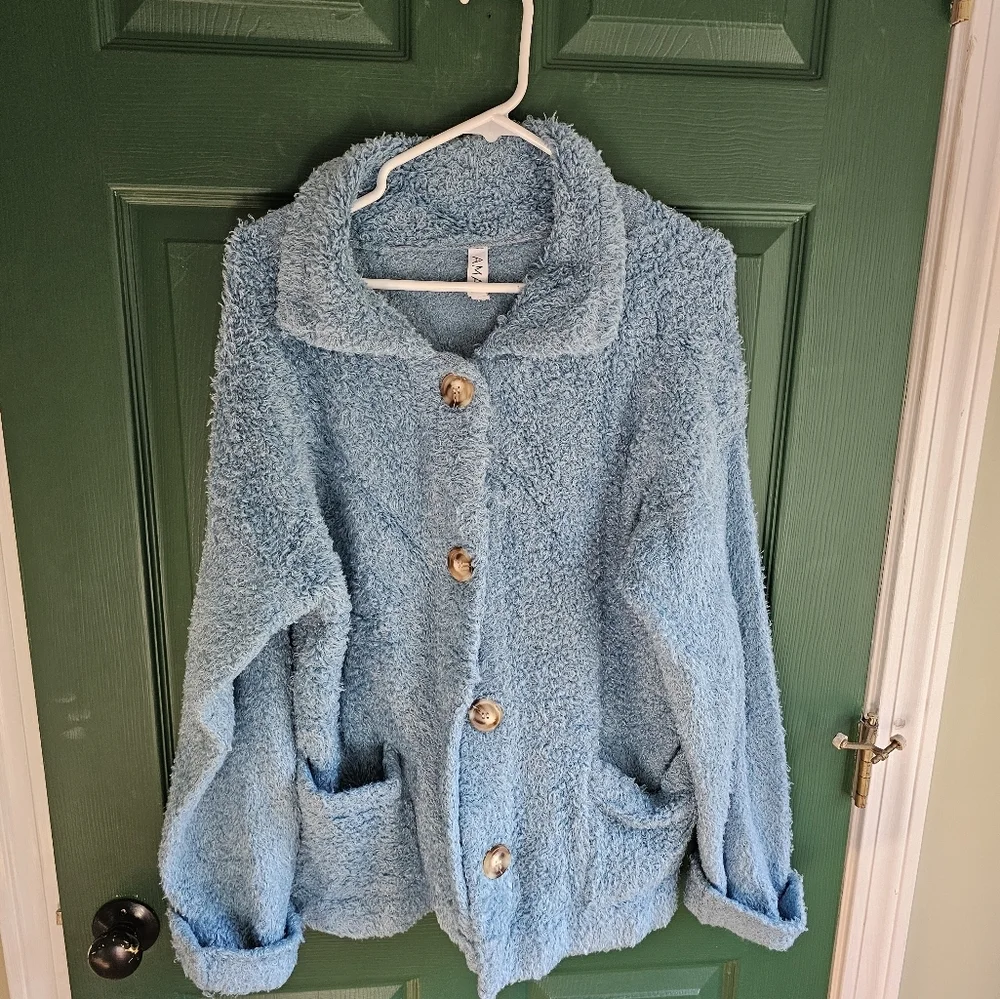 AMADI x Anthropologie Danika Fuzzy Teddy Sky Jacket Coat - Picture 2 of 11
